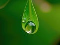 Dewdrop hangs from the tip of a green leaf Royalty Free Stock Photo