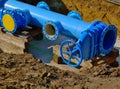 steel water main pipe closeup. utilities installation. excavated trench. construction site. Royalty Free Stock Photo