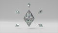 A large diamond Ethereum surrounded by small Ethereums. Logo. Cryptocurrency. 3d Illustration