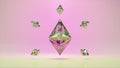 A large diamond Ethereum surrounded by small Ethereums. Logo. Cryptocurrency. pink background. 3d Illustration