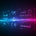 Large digital dashboard display with various data visualizations against a dark Royalty Free Stock Photo