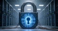 large digital padlock with glowing circuit board keyhole in data server room security cyber protection technology concept Royalty Free Stock Photo