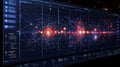 Large digital screen displaying complex bioinformatics network with glowing nodes and data analysis. Royalty Free Stock Photo