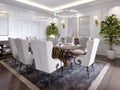 Large dining table for eight people in the dining room classic style, crystal chandeliers above the table. The design of the Royalty Free Stock Photo