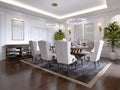 Large dining table for eight people in the dining room classic style, crystal chandeliers above the table. The design of the Royalty Free Stock Photo