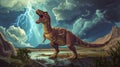 Large dinosaur standing by a river during a storm Royalty Free Stock Photo