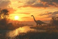 A large dinosaur is walking through a field near a river Royalty Free Stock Photo