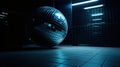 Large disco ball reflecting blue light in a dark hall for discos. Disco symbol. Generative Ai