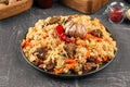 Large dish with Uzbek festive pilaf plov