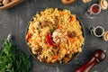 Large dish with Uzbek festive pilaf plov