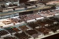 Row upon row of tempting chocolate candy, Kilwin`s, Saratoga Springs, New York, 2018