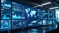 Large display screens showing data analysis and world map in a control room setting. Royalty Free Stock Photo