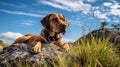 Epic Portraiture Of A Brown Dog Resting On A Rock In Tall Grass