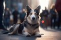 Large dog lying in city street with blurry people in background. Generative AI