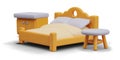 Large double bed with shaped headboard, bedside table, round coffee table