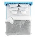 Large double blue bed with a blanket and six pillows on a white background. 3d rendering