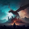 A large dragon destroying a city while a person watches. Created with Generative AI