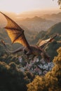 A large dragon flying over a lush green hillside. Generative AI image.