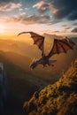 A large dragon flying over a lush green hillside. Generative AI image.