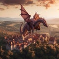 A large dragon flying over a small town. Generative AI image.