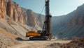 Large drill machine operates in quarry. Excavators work on dirt slopes. Rock extraction for development in industrial open pit. Royalty Free Stock Photo