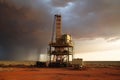 A large drilling rig for oil or gas production in a hot desert terrain against of a thundercloud. Generative AI