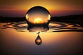 A large drop of water falls into a water surface in the sunset created with generative AI technology