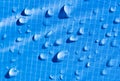 Large drops of water on a blue textile with a waterproof effect. Water-repellent impregnation. Royalty Free Stock Photo