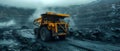 Large dump truck in open pit coal mine panoramic view of operation. Concept Coal mining operations, Royalty Free Stock Photo