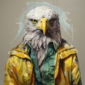 Hyperrealistic Eagle Portrait In Yellow Jacket And Green Scarf