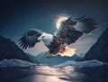 A large eagle flies with its wings spread over the surface of the water at night against the background of a blue moon