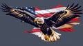 A large eagle is flying over a red, white, and blue American flag Royalty Free Stock Photo