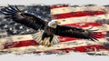 A large eagle is flying over a red, white, and blue American flag Royalty Free Stock Photo