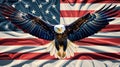 A large eagle is flying over a red, white, and blue American flag Royalty Free Stock Photo