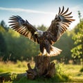 Large eagle with open wings on top of a tree trunk