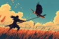 The large eagle swooped down on the warrior from above in a field, depicted in an illustration painting. Royalty Free Stock Photo