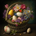 Large Easter basket with eggs and beautiful flowers. Generative AI