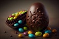 a large Easter chocolate egg with colored candies, Generative AI