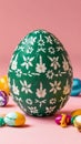 Large Easter egg with predominantly green designs, a little white also appears on a very light pink background.