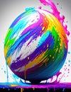 large Easter multicolor egg in puddle of multi-colored color and drops around it, Easter concept. Ai