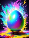 large Easter rainbow egg in a puddle of multi-colored color and drops around it, Easter concept. Ai