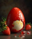 A large egg with a strawberry on top of it. A red egg with a hole in the middle surrounded by strawberries Royalty Free Stock Photo