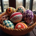 eggs of different colors with knitting print are lying in a basket on the table