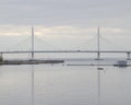 Large elegant cable-stayed bridge with different cars