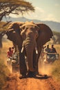 A large elephant walking down a dirt road. Safary in Africa