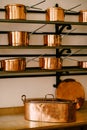 Large elongated pan on the countertop with ladles and saucepans made of copper on the shelves, in different sizes on