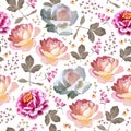 Large embroidered roses and zinnias among small flowers of bells and Potentilla on a white background. Seamless romantic print Royalty Free Stock Photo