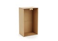 A large, empty cardboard box with an open top and a small flap on the side Royalty Free Stock Photo