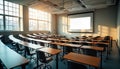 Large empty classroom ready for lecture presentation. Rows of desks, chairs arranged for seminar. Bright sunlight streams through