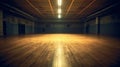 Large empty dance hall or sports hall with wooden floor and dim ceiling lights. Dark commercial space, Generative AI Royalty Free Stock Photo